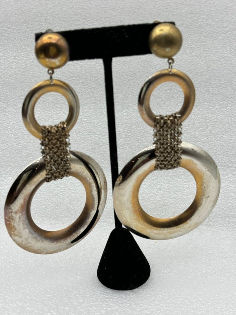 1970s Double Ring Mesh Brass Clip Earrings